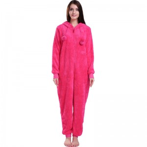 Naisten kuuma vaaleanpunainen Onesie-pyjama, jossa on eläinten korvat
